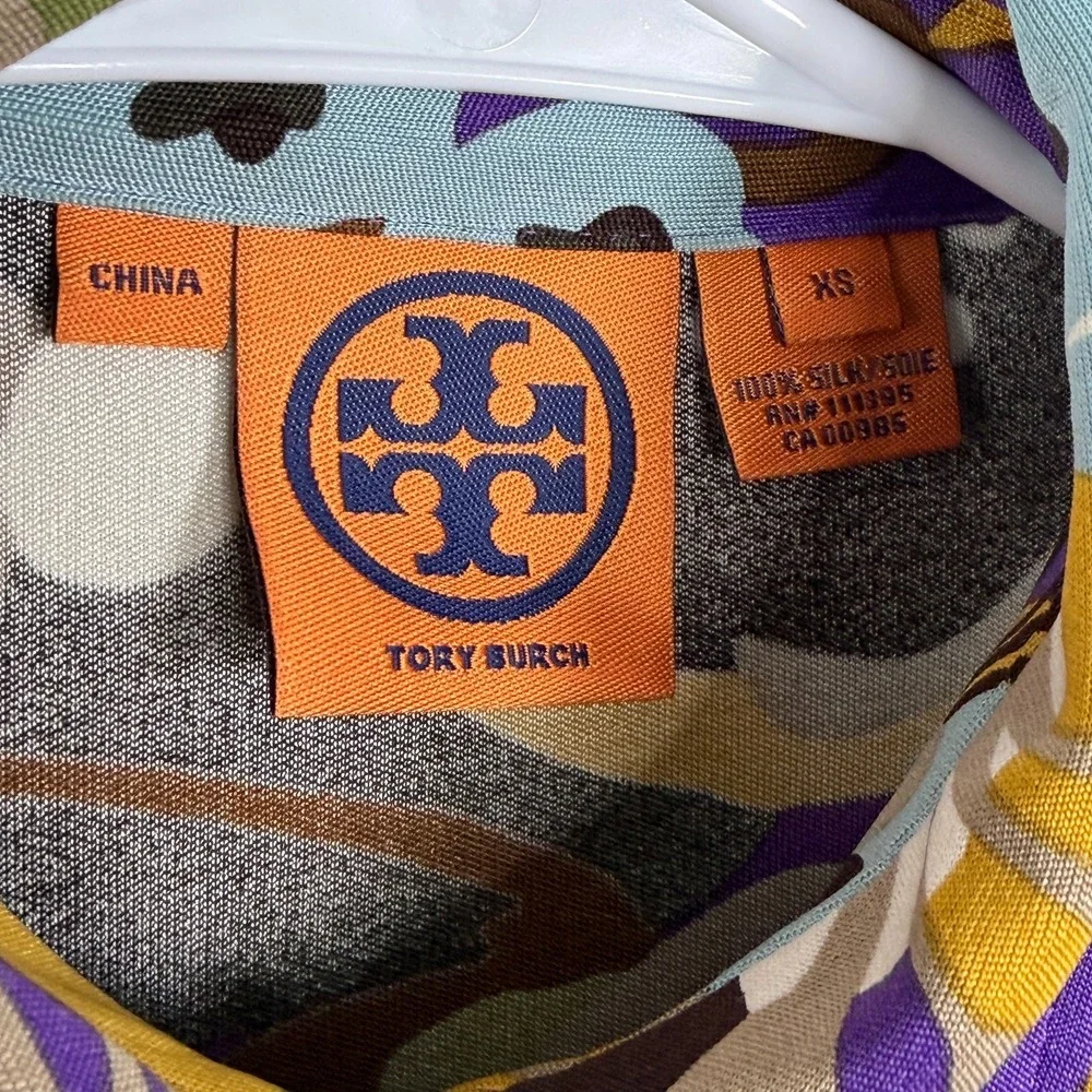 Tory Burch Silk Blouse Women XS Purple Bold Retro Mod‎ Floral Long Sleeve Top